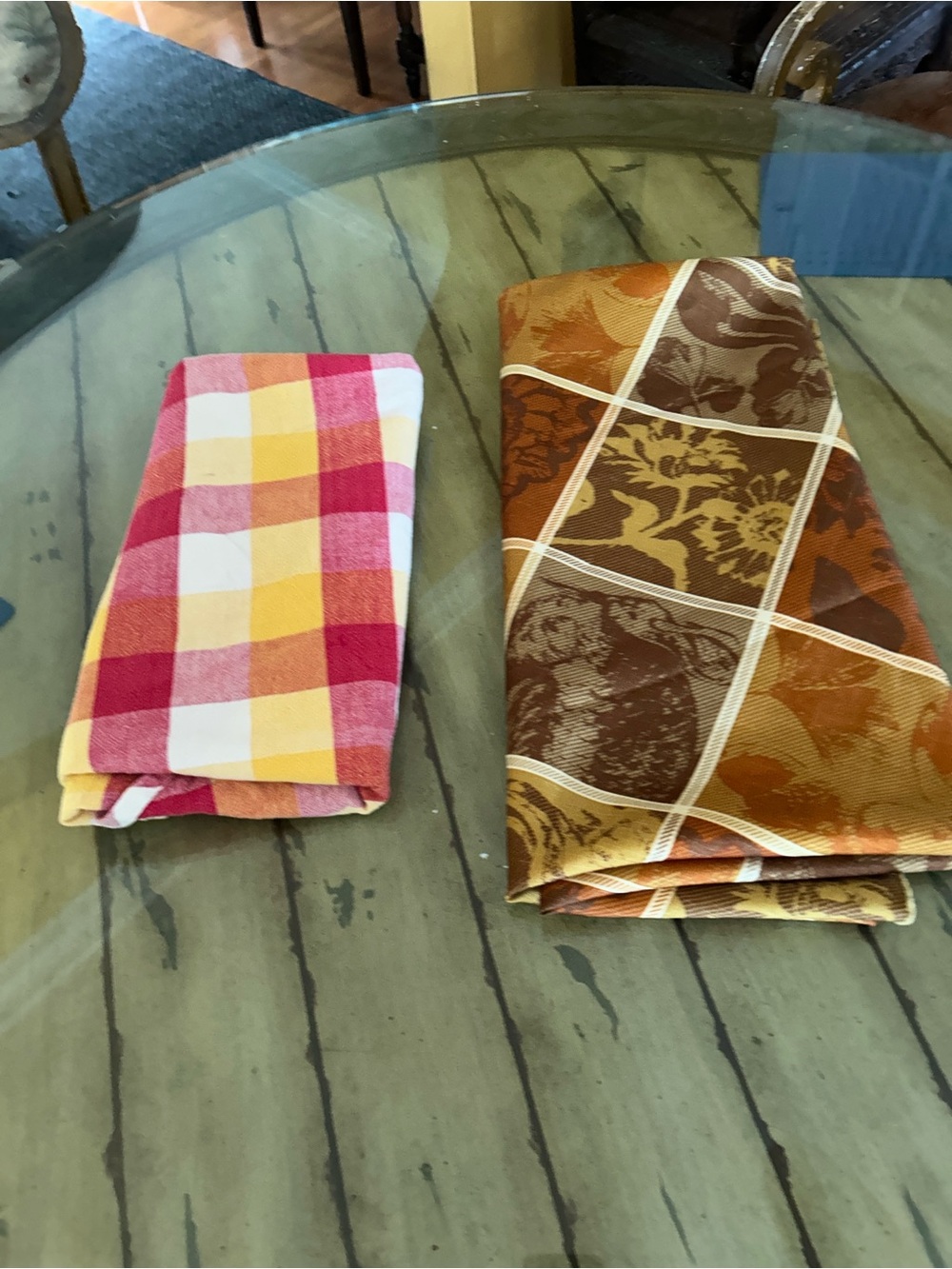 Pink Yellow White Checkered and Brown Orange Damask table cloths two